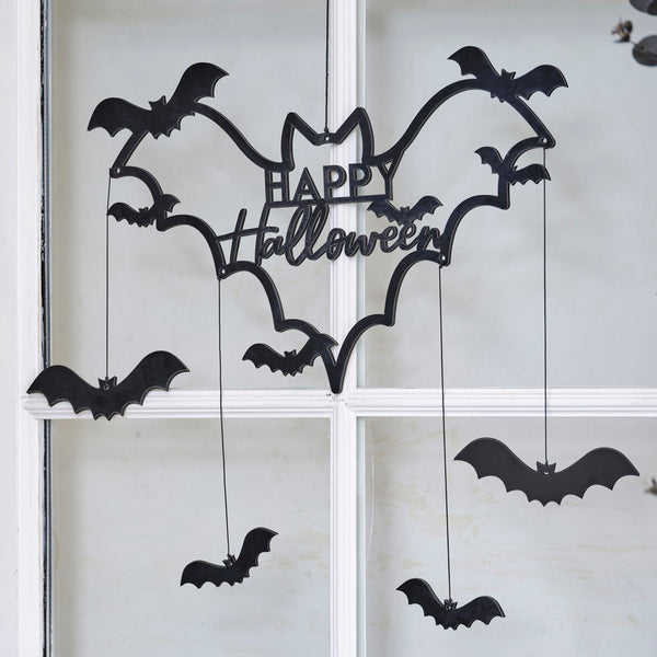 Black Bat Happy Halloween Wooden Wreath